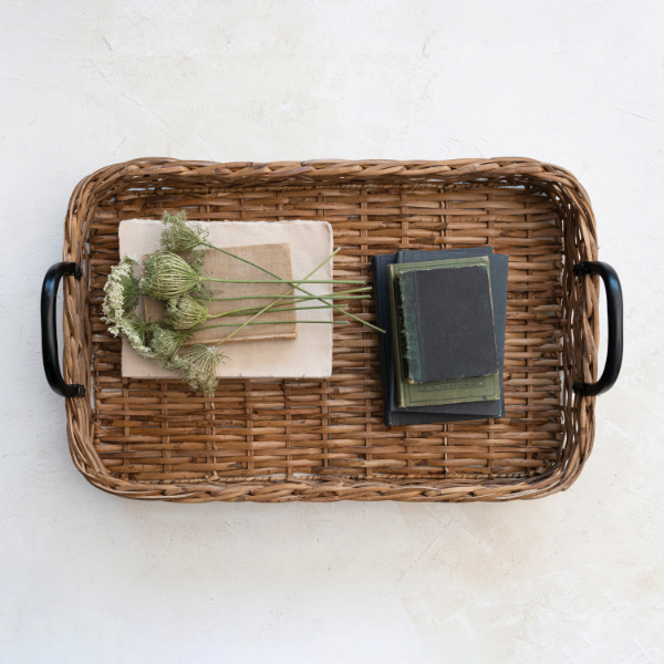 Rattan Tray with Black Handles
